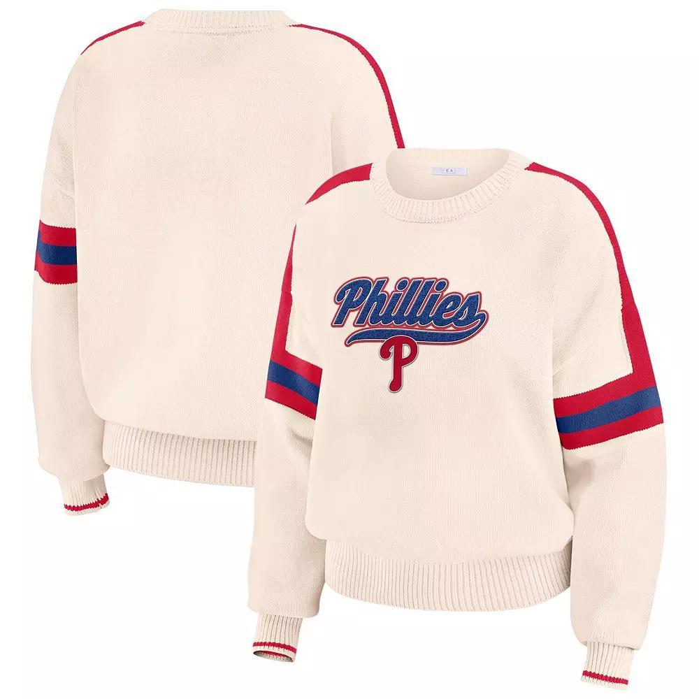 Women's WEAR by Erin Andrews  Cream Philadelphia Phillies Stripe Pullover Sweater, Size: 2XL, Beige Product Image