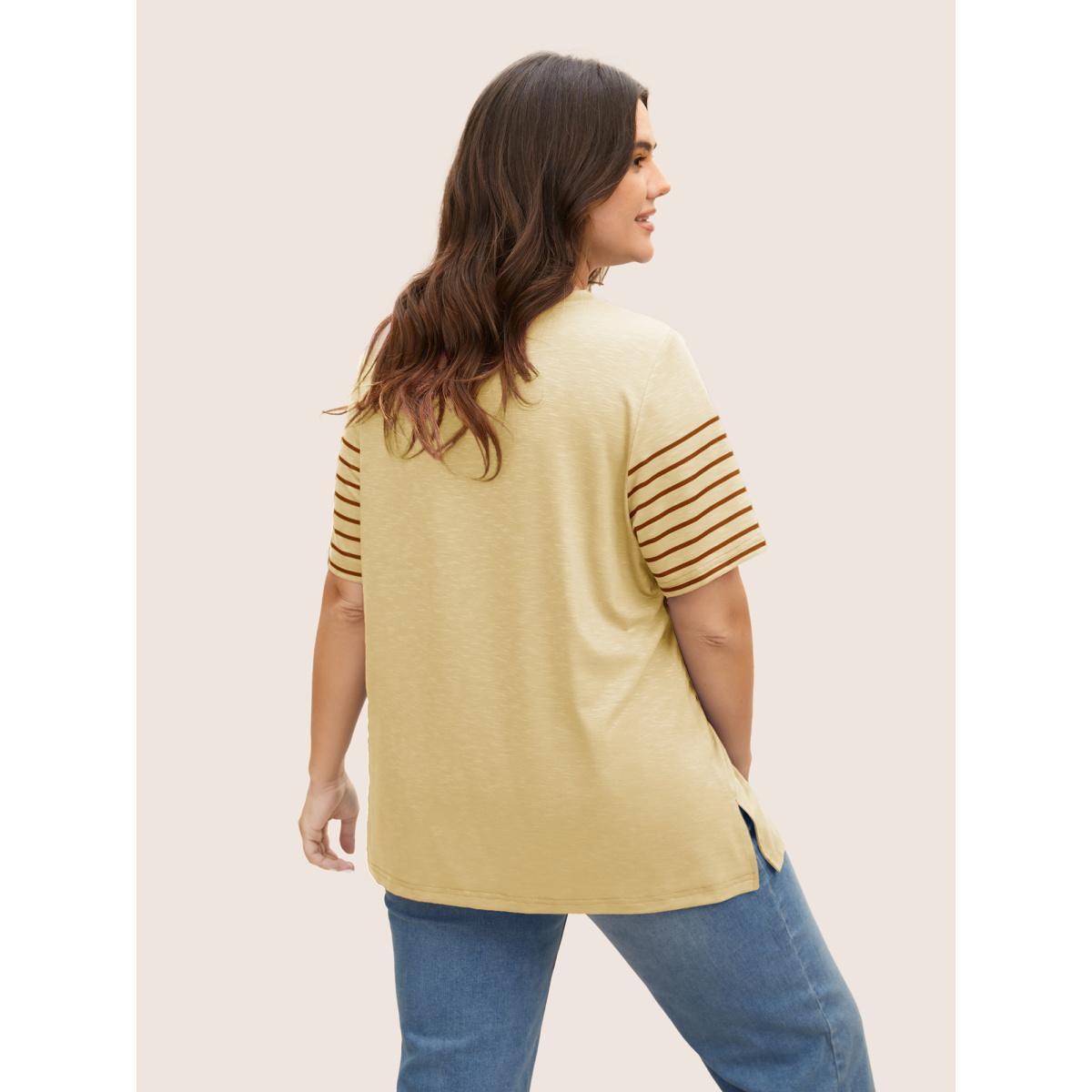 Plus Size Crew Neck Striped Patchwork Contrast T-shirt Beige Women Casual Contrast Art&design Round Neck Everyday T-shirts BloomChic 14-16/1X Product Image