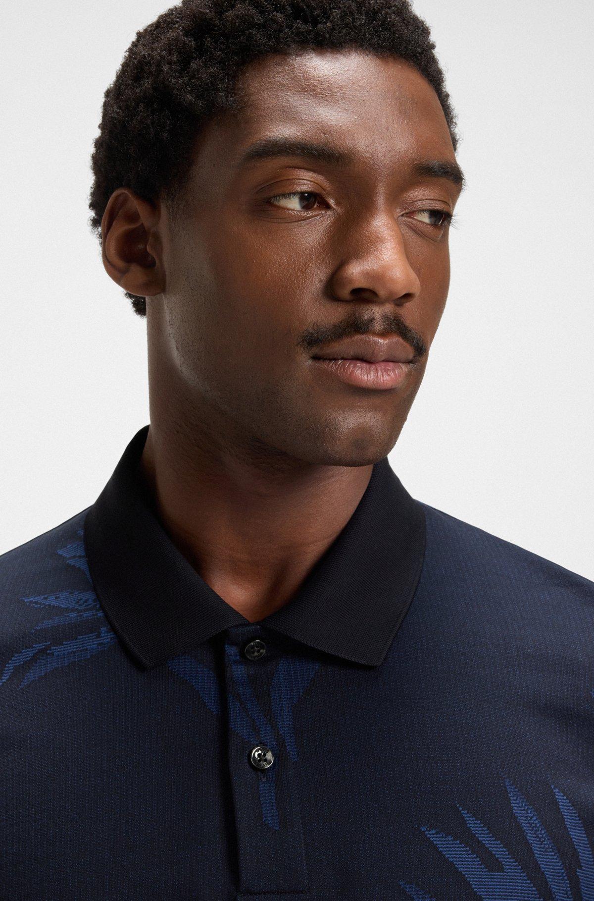 BOSS - Mercerized-cotton polo shirt with floral jacquard - Dark Blue Product Image