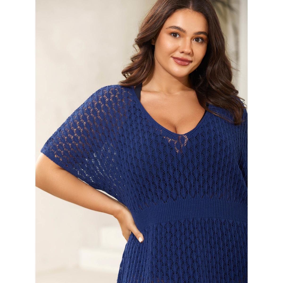 Plus Size Crochet Waist-Defining Swim Cover-Up Women's Swimwear Indigo Beach Loose Texture Curve Swim Cover Ups BloomChic 18-20/2X Product Image