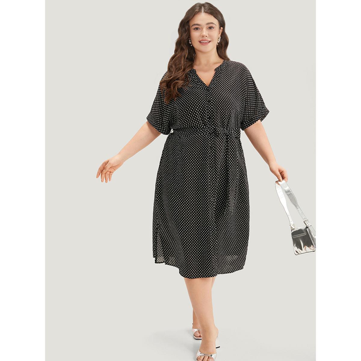 Plus Size Polka Dot Notched Split Hem Button Through Roll Sleeve Dress BlackFlower Women Office Belted Notched collar Short sleeve Curvy Midi Dress BloomChic 12/L Product Image