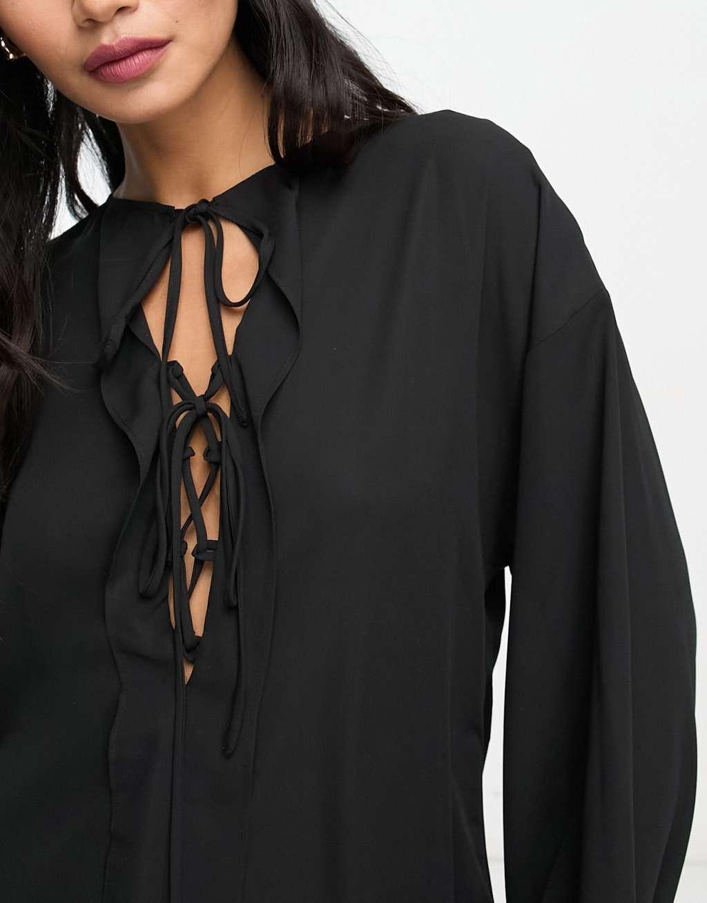 Mango lace up v neck blouse Product Image