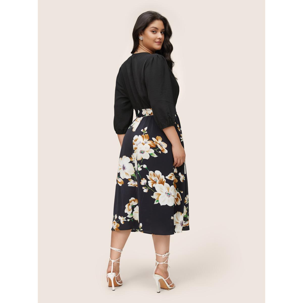 Plus Size Floral Patchwork Half Zip Belted Lantern Sleeve Dress BlackFlower Women Elegant Elastic cuffs V-neck Elbow-length sleeve Curvy Midi Dress BloomChic 30/6X Product Image