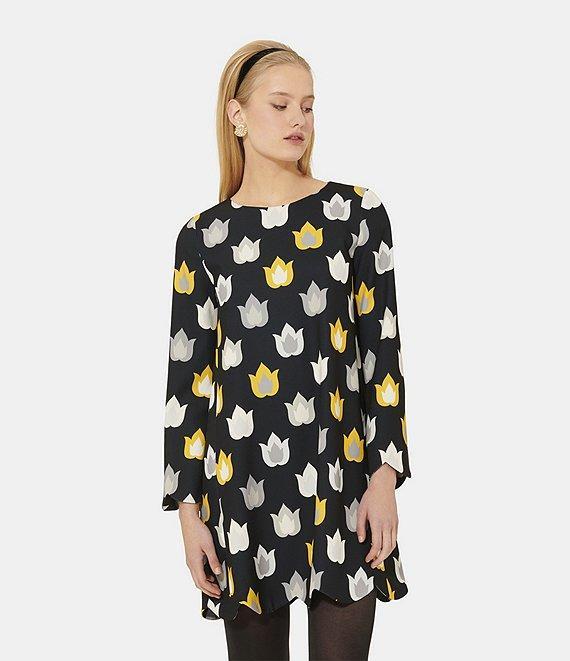 Tara Jarmon Ruoda Crepe Woven Flame Print Round Neck Long Sleeves Shift Dress Product Image