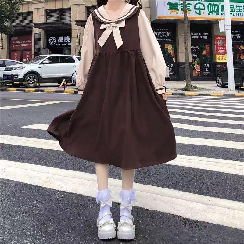 Puff-Sleeve Collar Bow Two Tone Midi Smock Dress Product Image