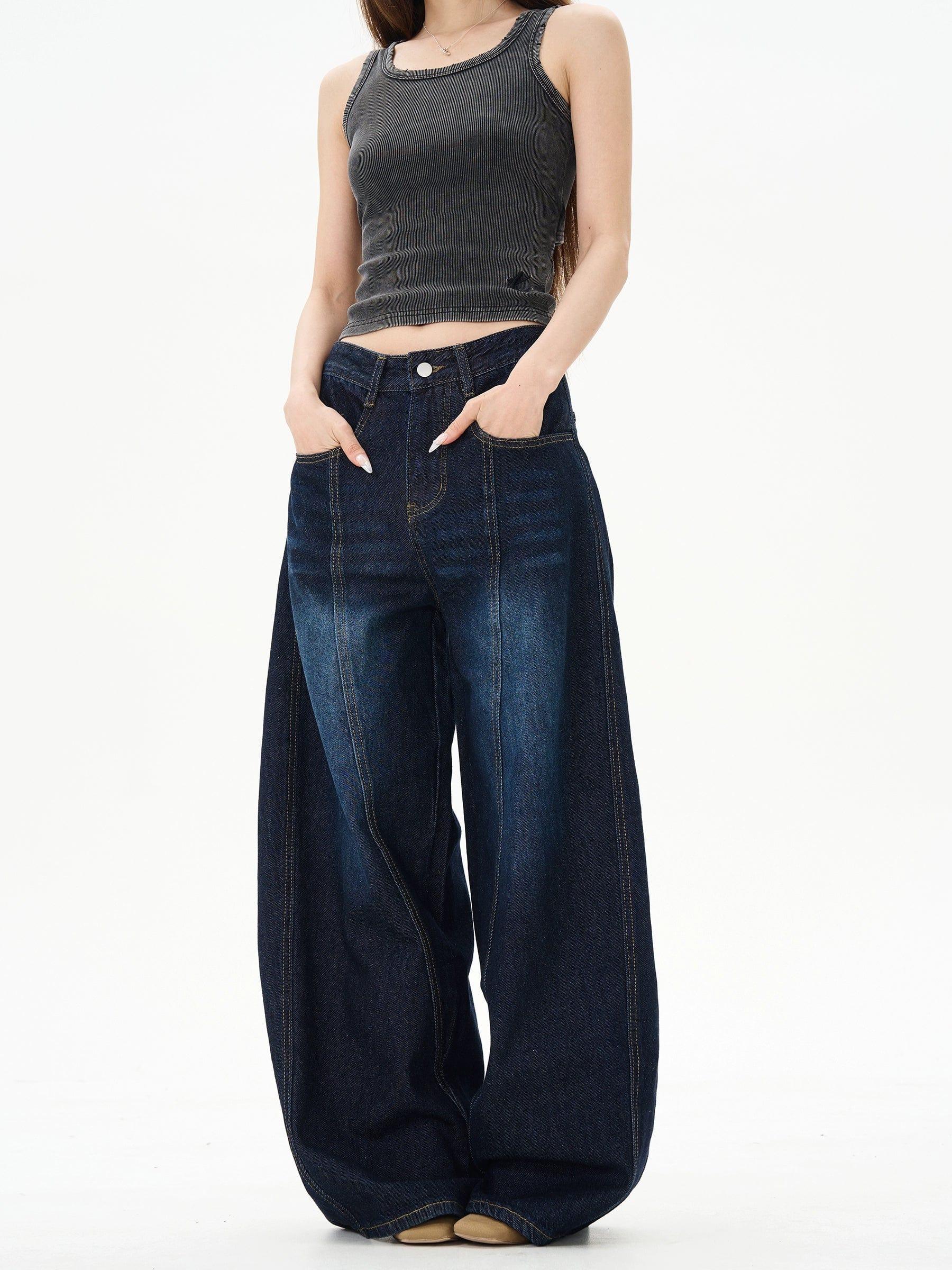 RT No. 12224 DARK BLUE RECONSTRUCTED DENIM SCIMITAR JEANS Product Image