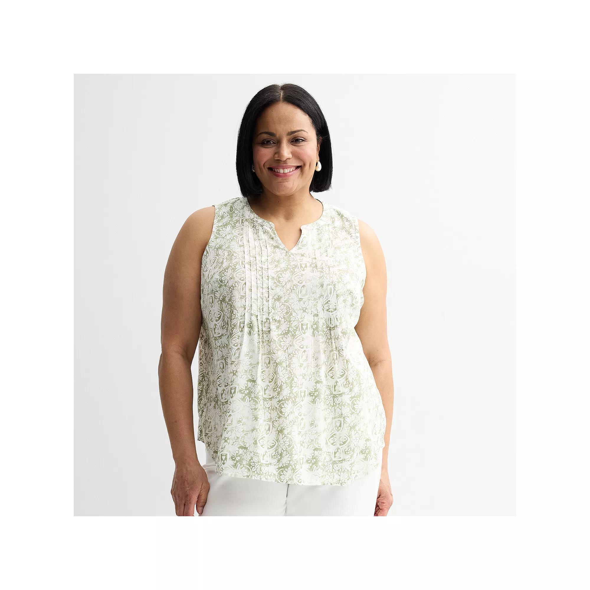 Plus Size Croft & Barrow® Pintuck Sleeveless Shell Top, Women's, Size: 1XL, Green Fancy Tile Product Image