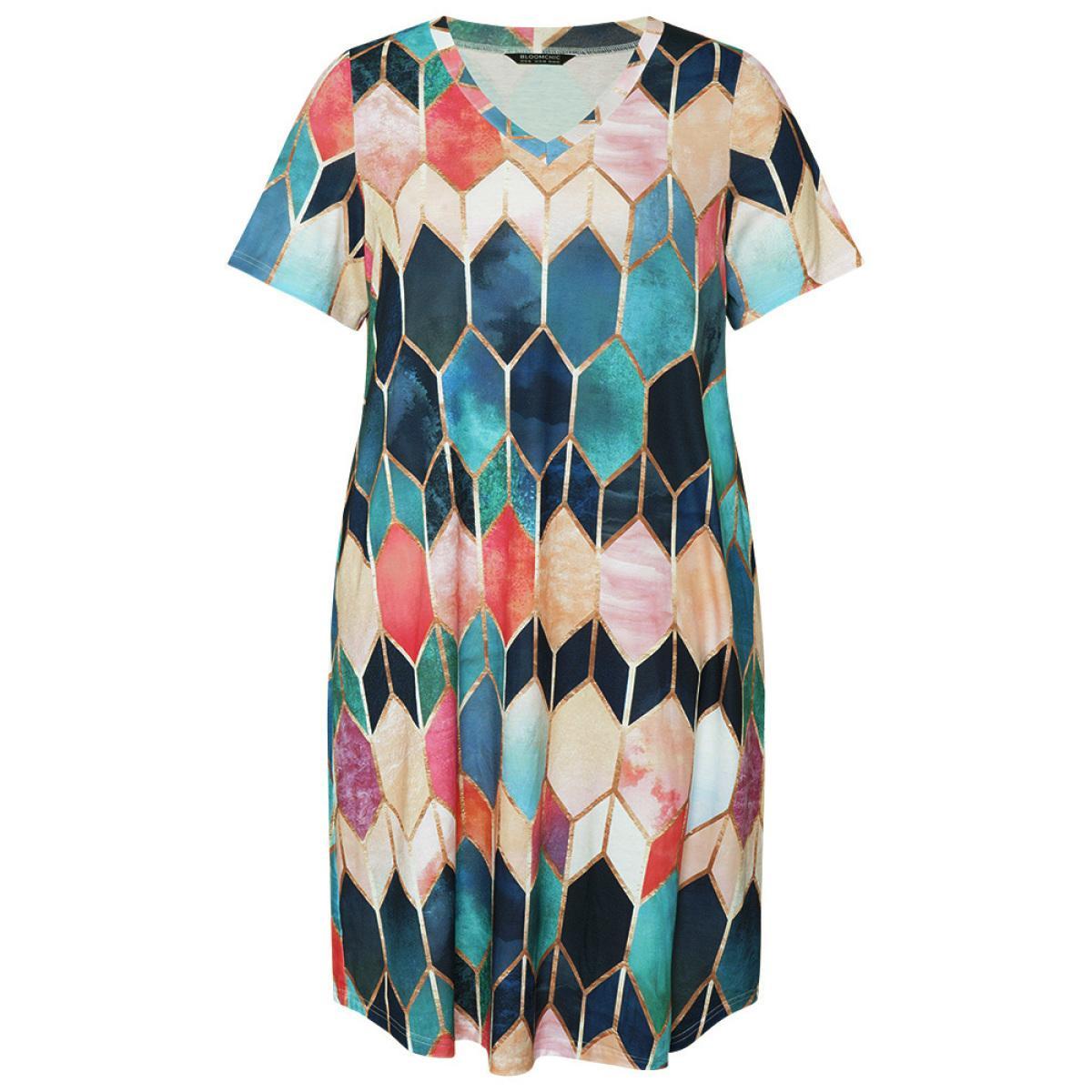 Plus Size Geometric Print Pocket Colorblock Contrast Dress Multicolor Women Casual Contrast V-neck Short sleeve Curvy Midi Dress BloomChic 10/M Product Image