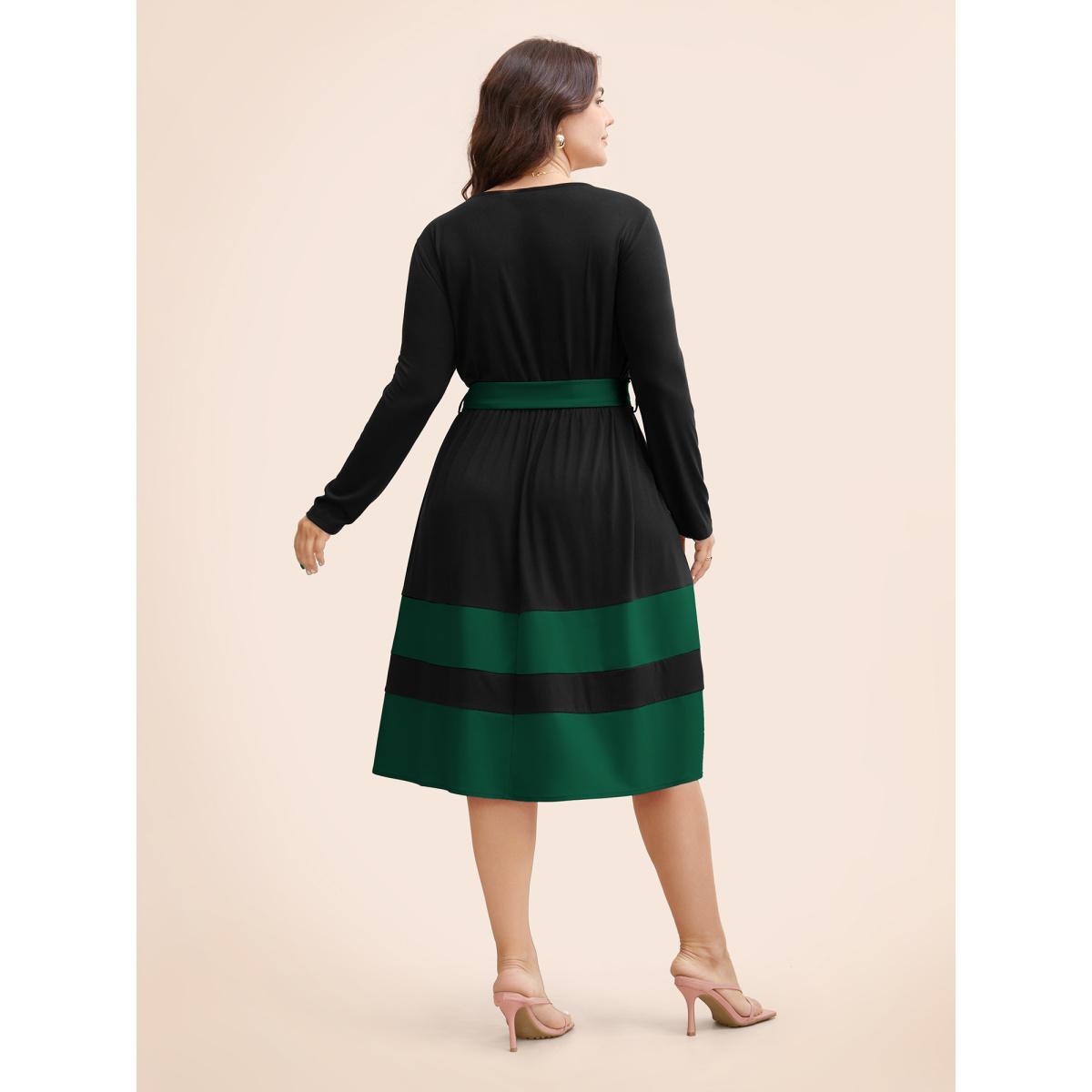 Plus Size Two Tone Belted Bowknot Square Neck Dress DarkGreen Women Elegant Non Square Neck Long Sleeve Curvy Knee Dress BloomChic 10/M Product Image
