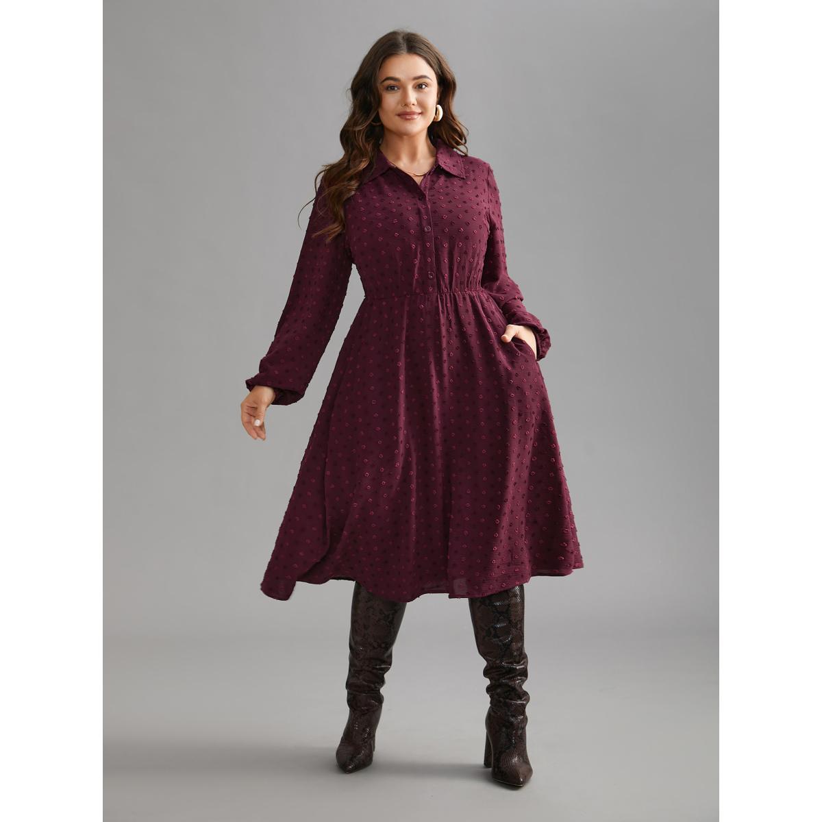 Plus Size Textured Shirt Collar Button Front Midi Dress Burgundy Women Elegant Texture Shirt collar Long Sleeve Curvy BloomChic 28/5X Product Image