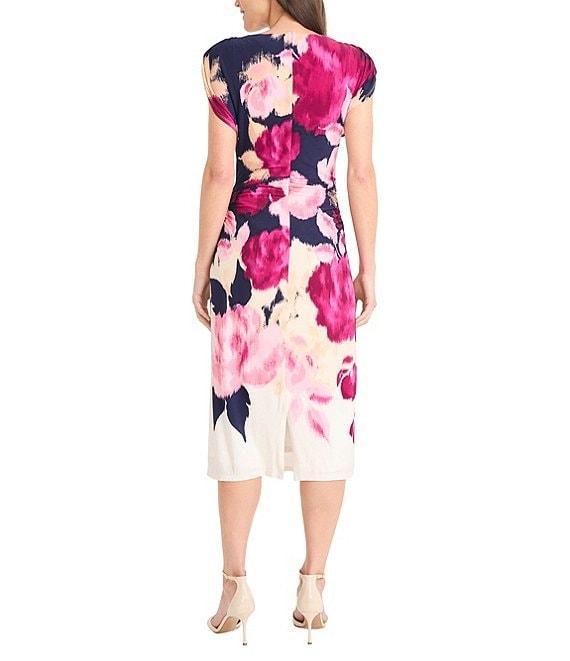 Maggy London ITY Floral Crew Neck Cap Sleeve Side Ruched Sheath Midi Dress Product Image