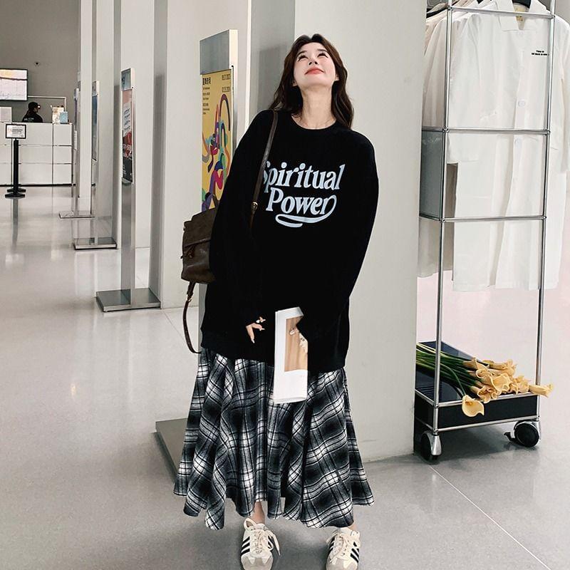 Long-Sleeve Crew Neck Lettering Mock Two-Piece Maxi Sweatshirt Dress Product Image