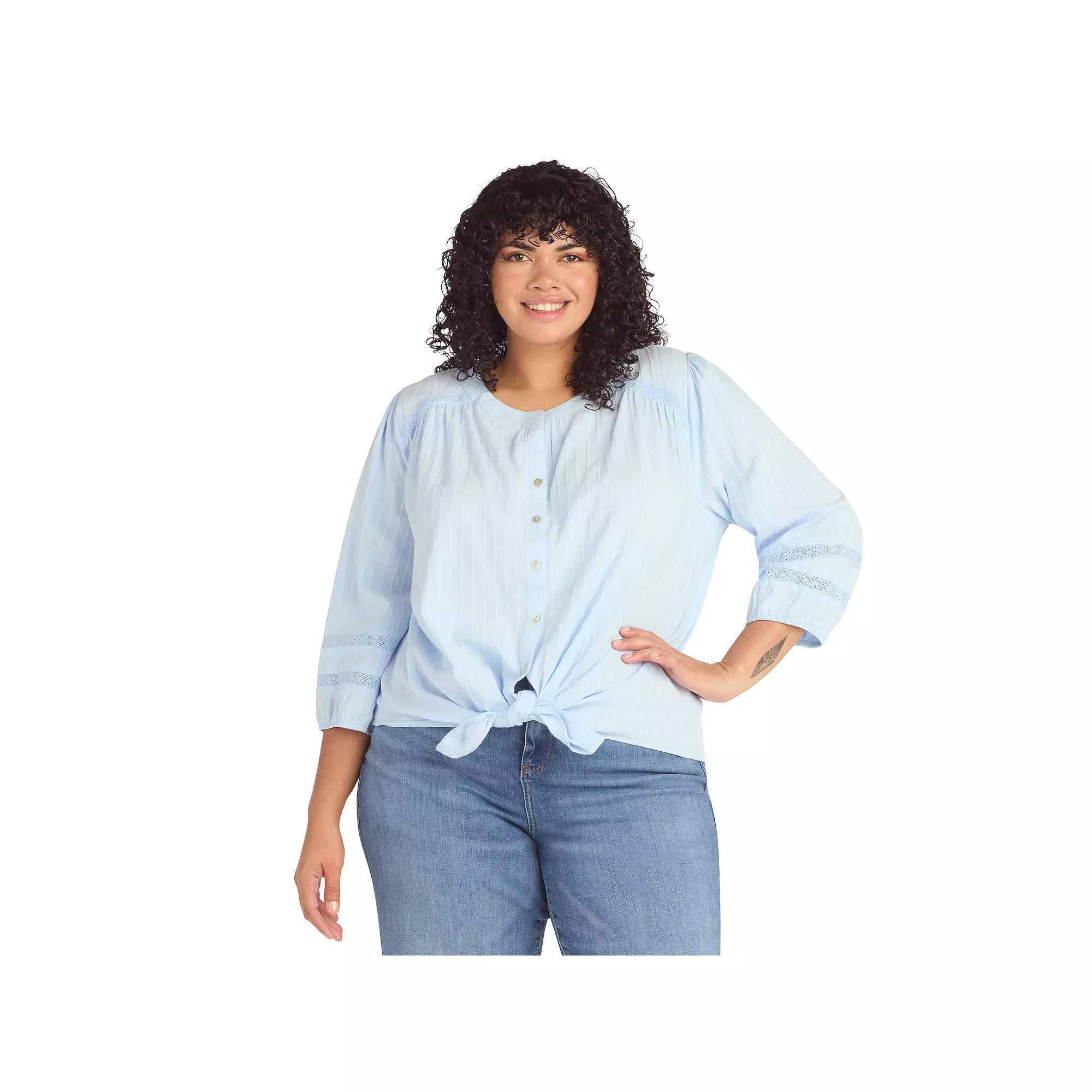 Plus Size AB Studio Three Quarter Sleeve Tie Hem Button Front Shirt, Women's, Size: 4XL, Light Blue Product Image