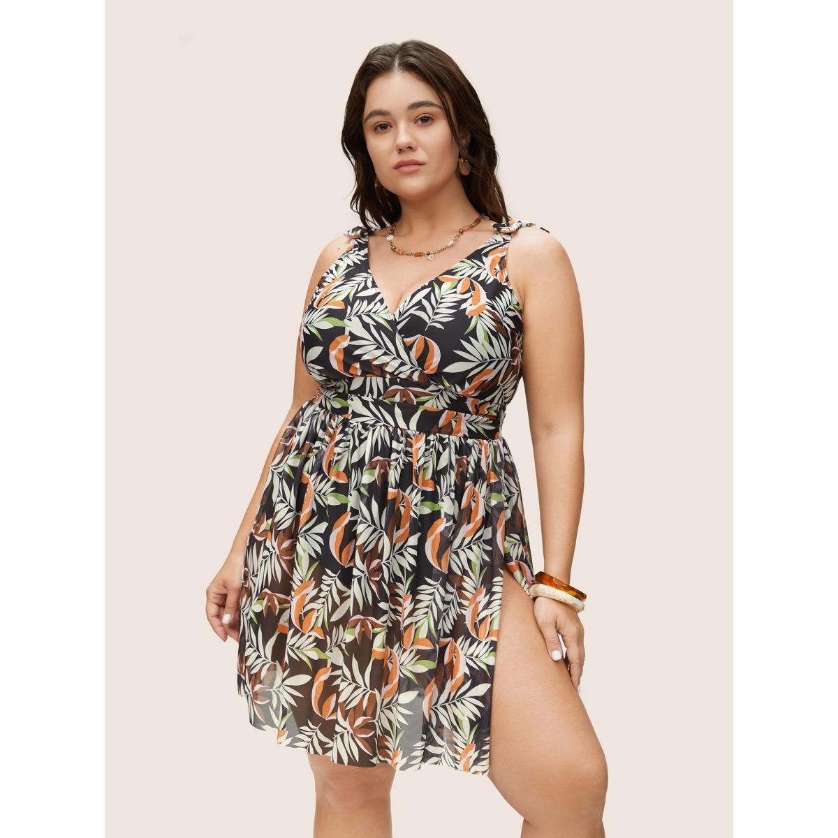 Plus Size Tropical Print Gathered Split Hem Swim Dress Women's Swimwear Black Beach Bodycon V-neck High stretch Curve Swim Dresses BloomChic 26/4X Product Image