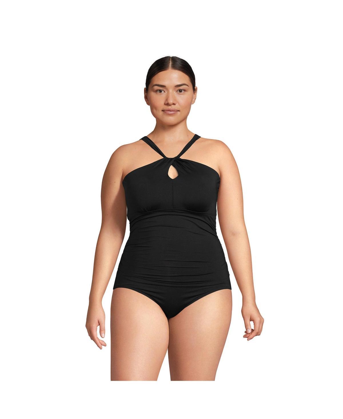 Plus Size Lands End Chlorine Resistant High Neck One-Shoulder Multi-Way One-Piece Swimsuit, Womens Product Image