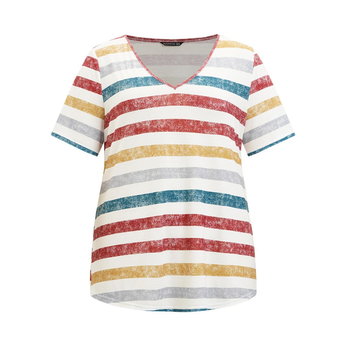 Plus Size Striped Contrast V Neck T-shirt Multicolor Women Casual Striped V-neck Everyday T-shirts BloomChic 22-24/3X Product Image