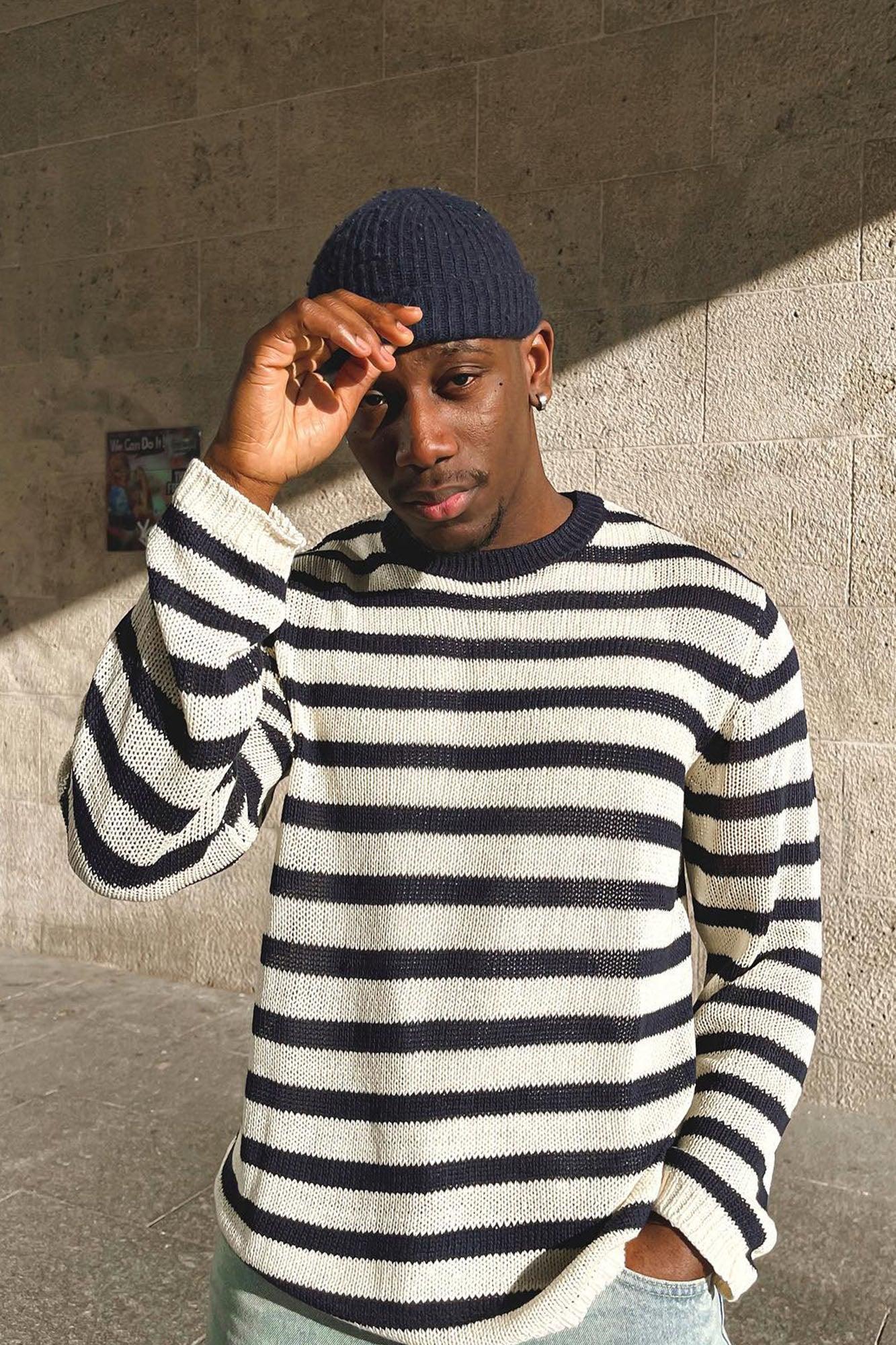 Loose Knit Striped Sweater - Navy/combo Product Image