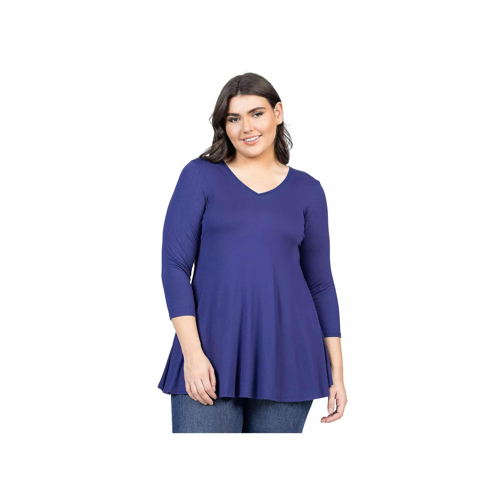 Plus Size 24Seven Comfort Apparel Quarter Sleeve V-Neck Tunic Top, Womens Green Product Image