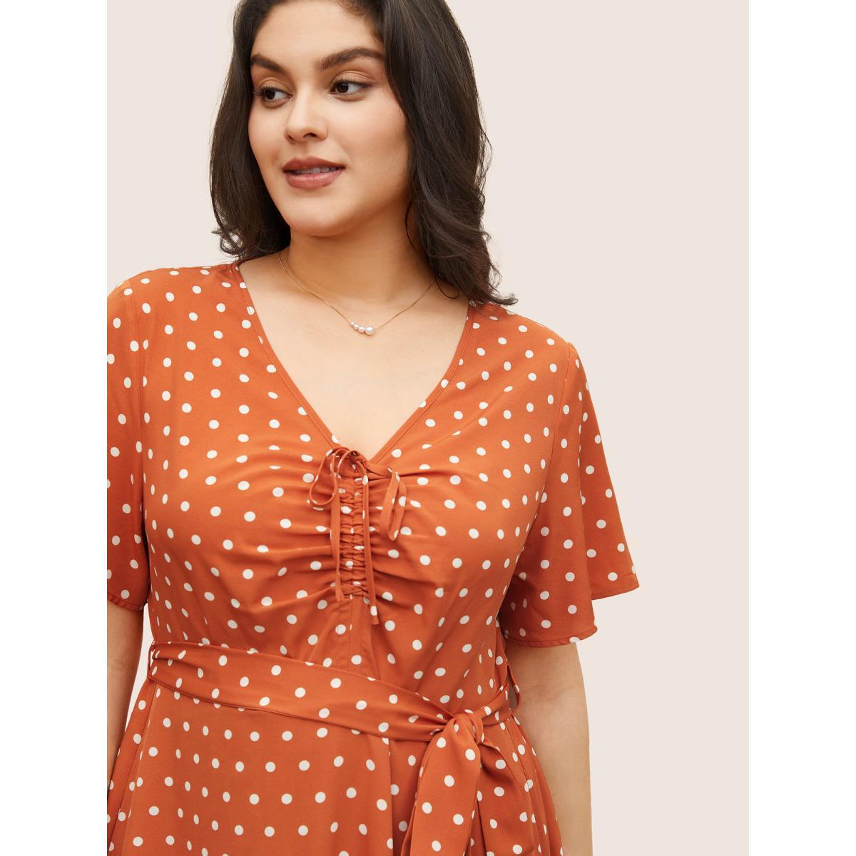 Plus Size Polka Dot Drawstring Belted Ruffle Sleeve Dress OrangeRed Women Elegant Non V-neck Short sleeve Curvy Midi Dress BloomChic 22-24/3X Product Image