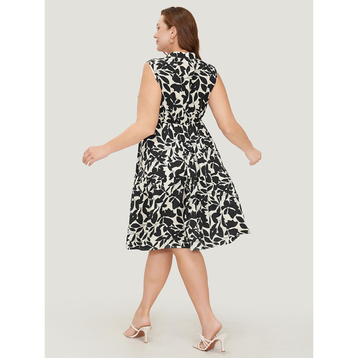 Plus Size Floral Ptrint Pocket Ruffle Tiered Stand Collar Tank Dress Black Women Elegant Tiered Stand-up collar Sleeveless Curvy Knee Dress BloomChic 10/M Product Image
