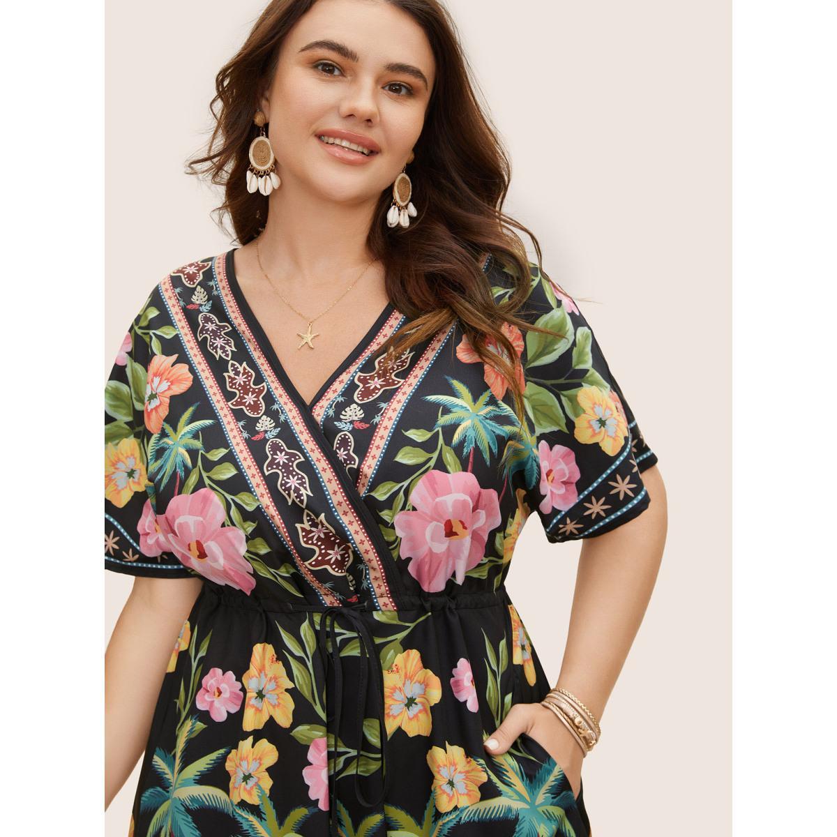 Plus Size Boho Print Overlap Collar Drawstring Dress Black Women Resort Drawstring Overlap Collar Short sleeve Curvy BloomChic 18-20/2X Product Image