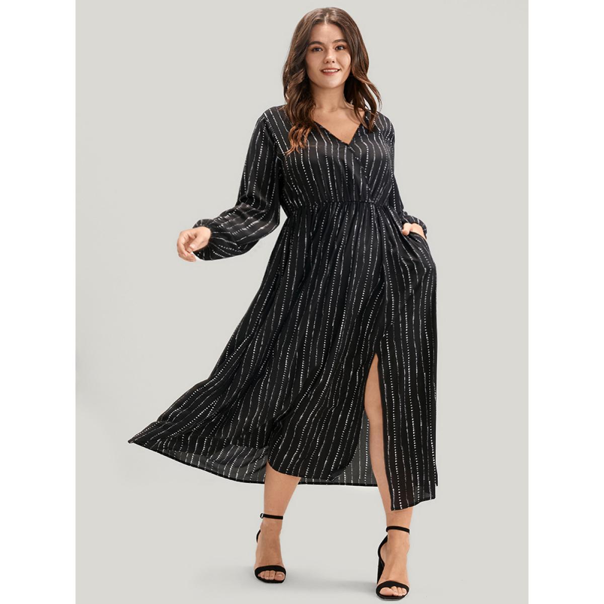 Plus Size Striped Lantern Sleeve Pocket Split Wrap Midi Dress Black Women Elegant Pocket V-neck Long Sleeve Curvy Midi Dress BloomChic 28/5X Product Image