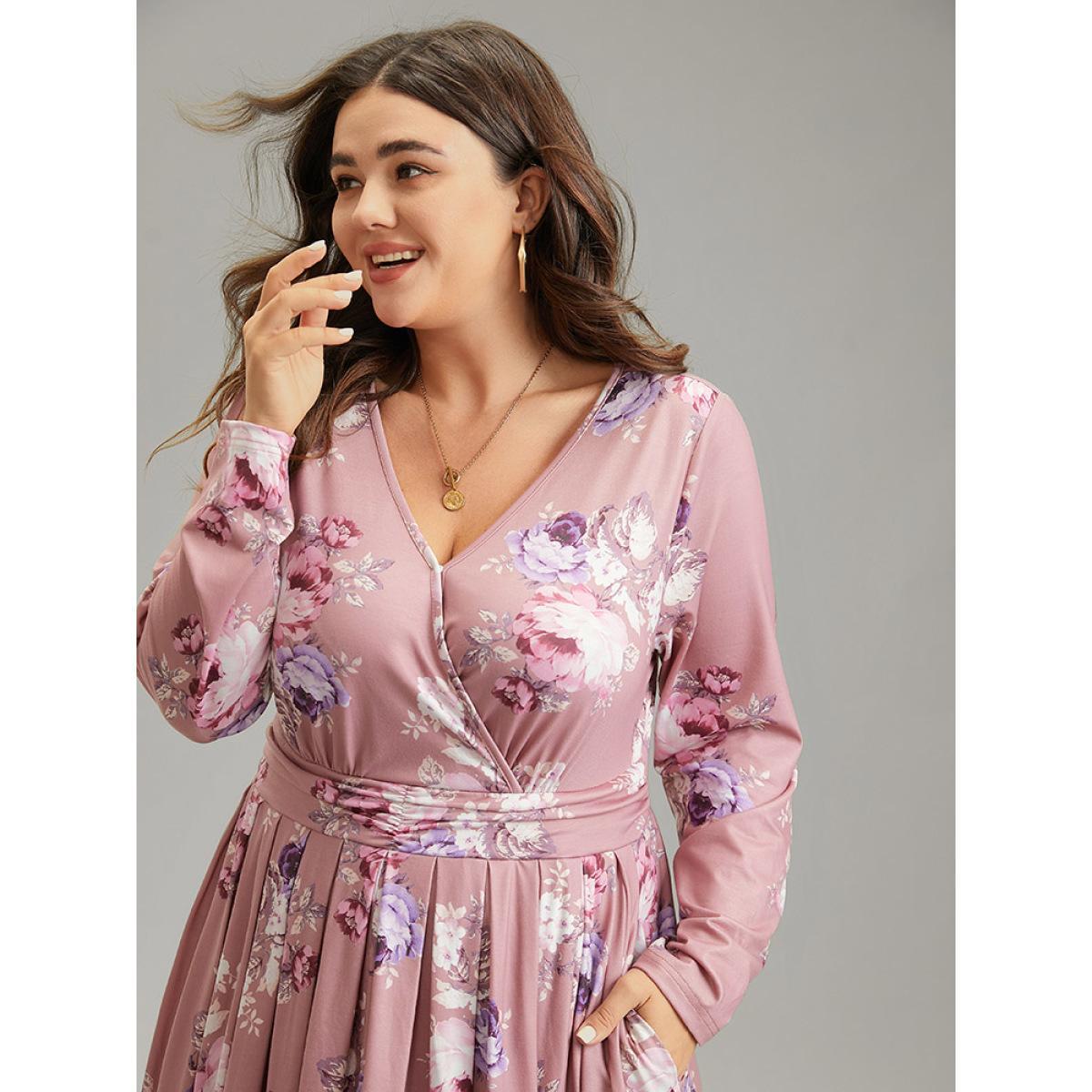 Plus Size Floral Wrap Pleated Elastic Waist Ruched Dress DustyPink Women Casual Wrap Overlap Collar Long Sleeve Curvy Midi Dress BloomChic 12/L Product Image