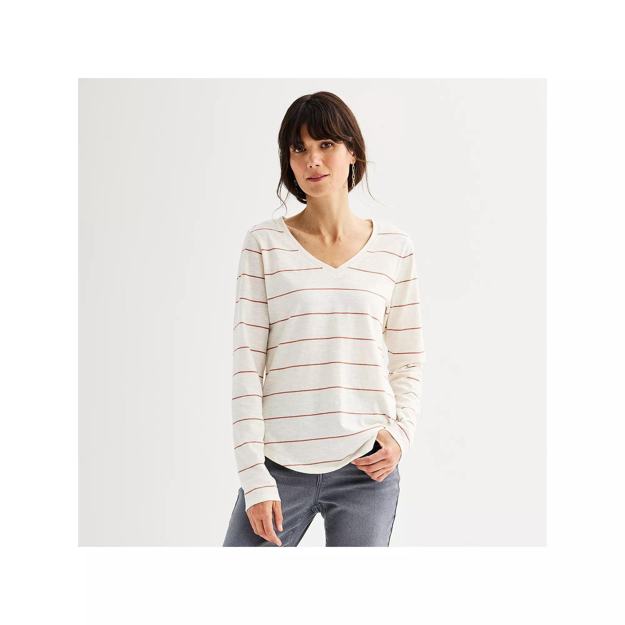 Women's Sonoma Goods For Life® Everyday Long Sleeve V-Neck Tee, Size: XL, Jam White Stripe Product Image