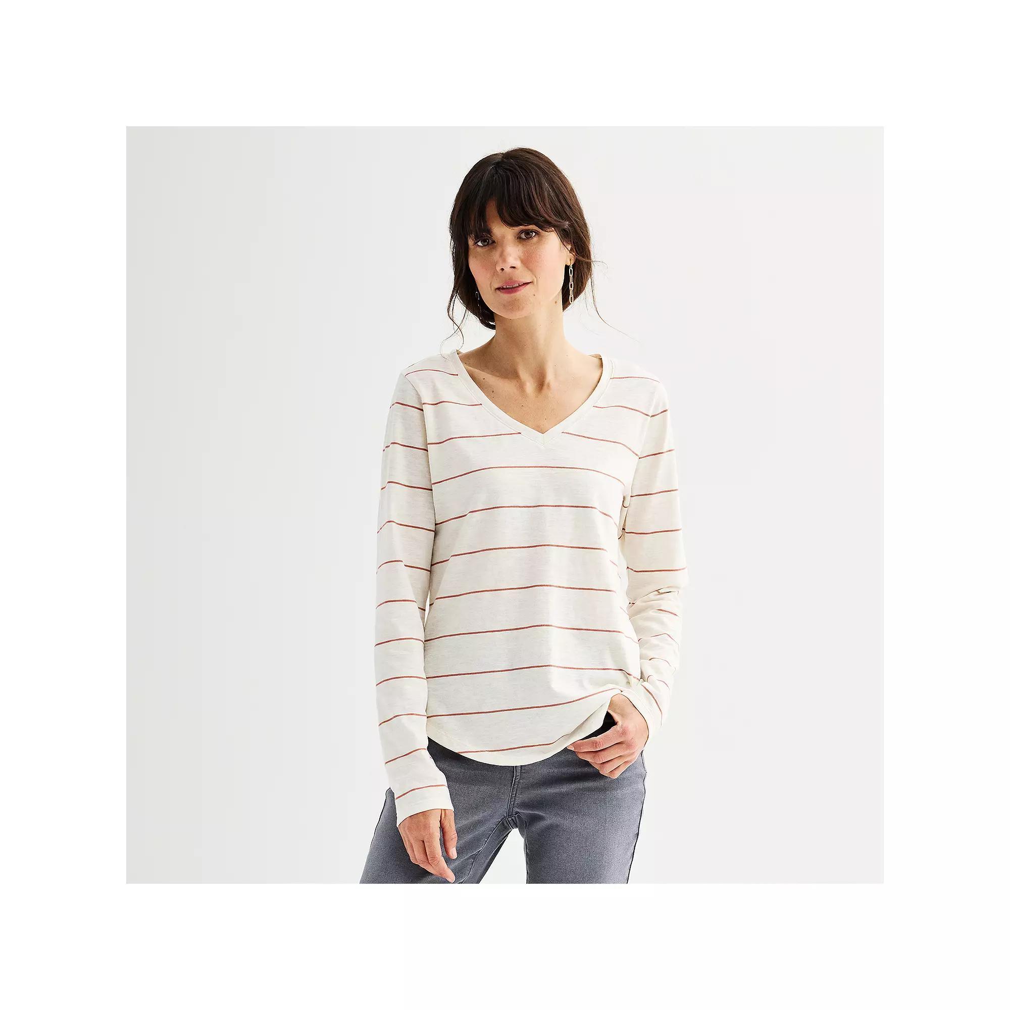 Women's Sonoma Goods For Life® Everyday Long Sleeve V-Neck Tee, Size: XL, Jam White Stripe Product Image