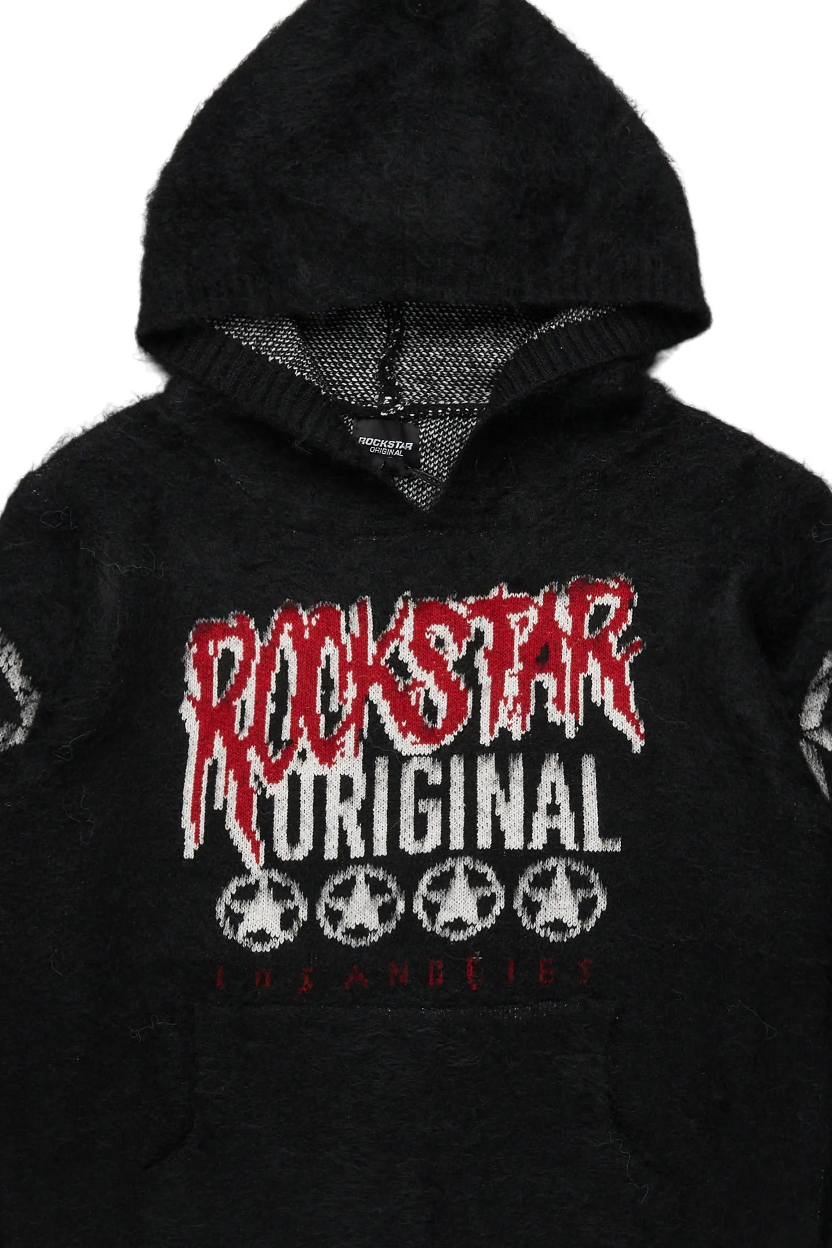 Wizzurd Black Graphic Knitted Mohair Hoodie Male Product Image