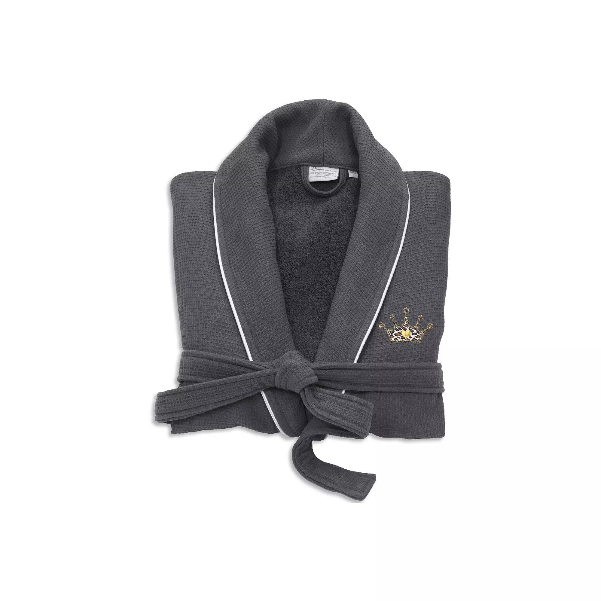 Linum Home Textiles Turkish Cotton Waffle Terry Bathrobe with Satin Piped Trim & Embroidery, Women's, Size: Large/XL, Dark Gray Product Image