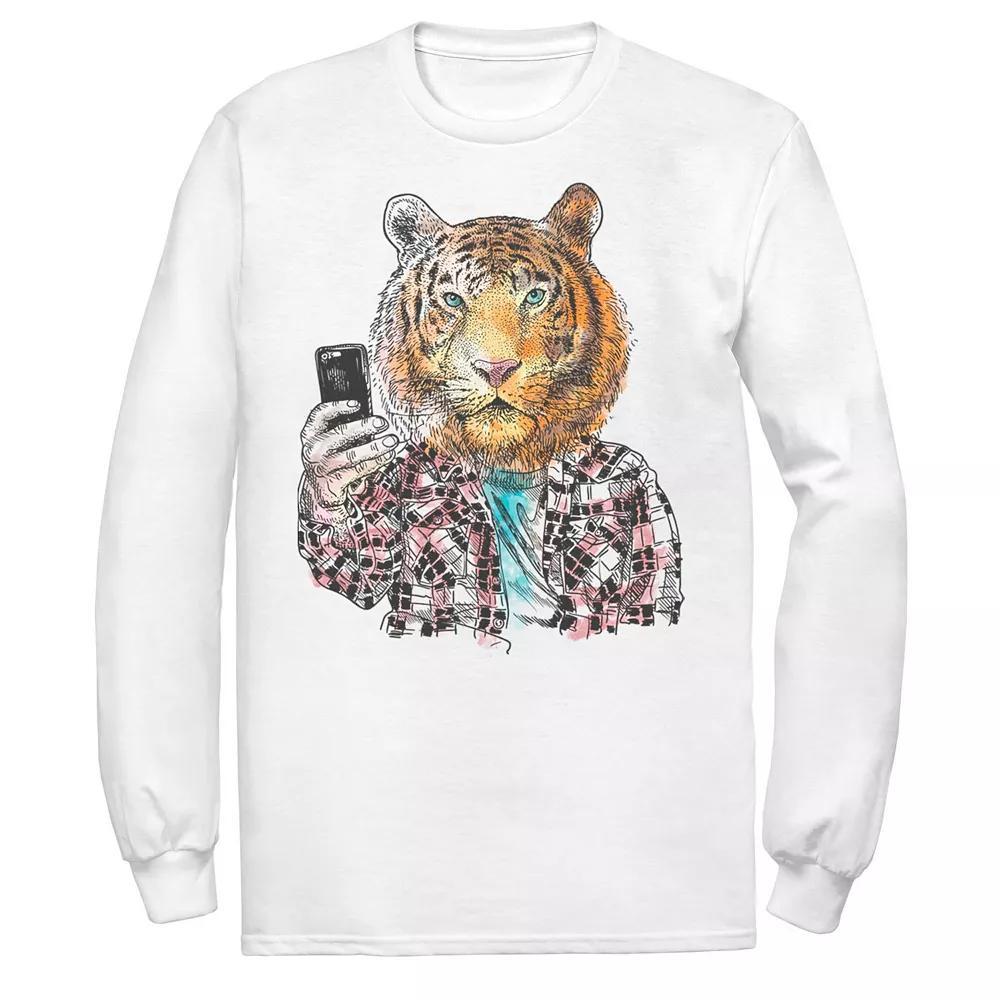 Men's Trendy Tiger Selfie Color Sketch Tee, Size: Small, White Product Image