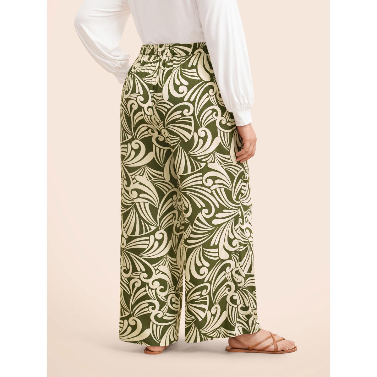 Plus Size Tropical Print Wide Leg Mid Rise Pants Women Moss Casual Wide Leg Mid Rise Everyday Pants BloomChic 22-24/3X Product Image