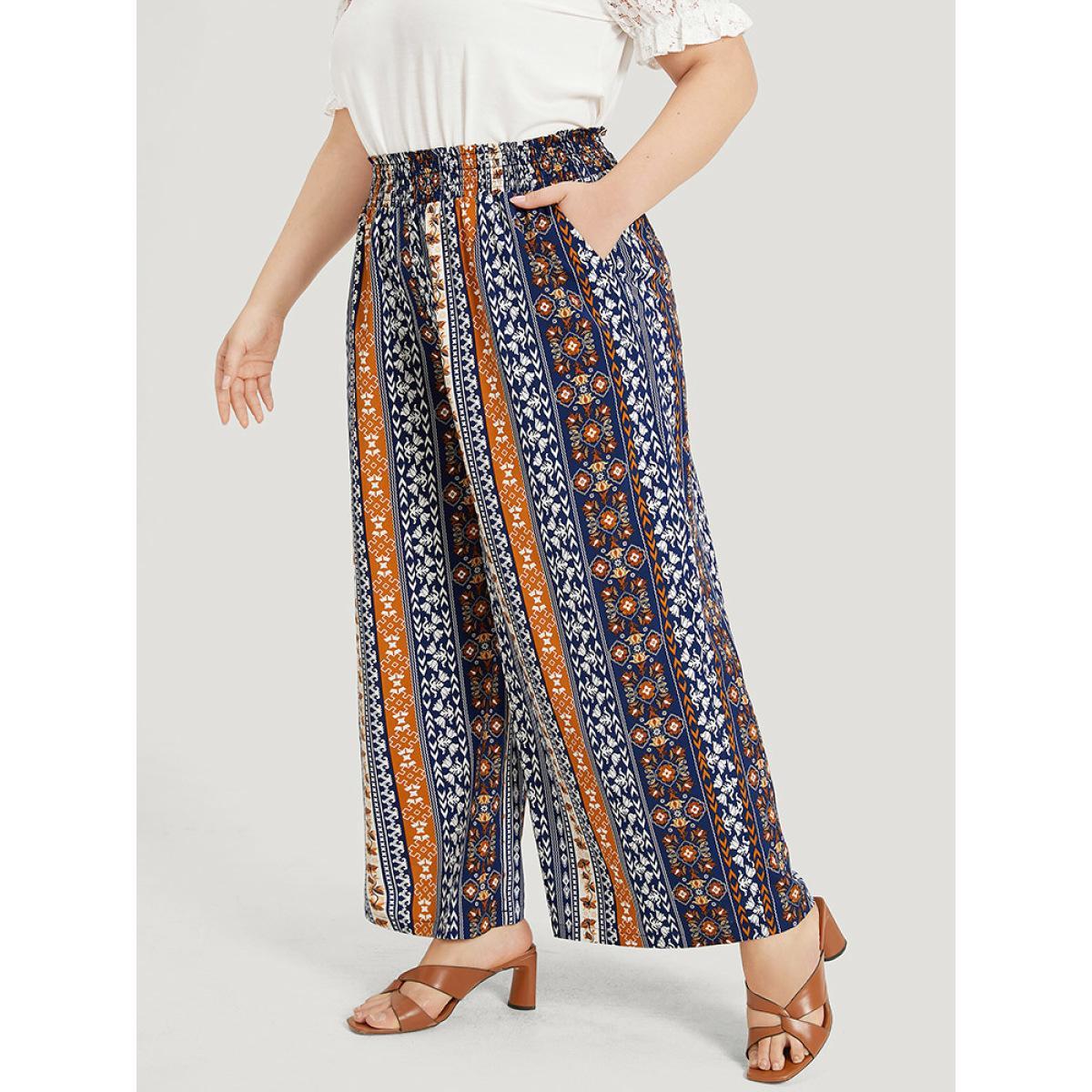Plus Size Boho Print Shirred Pocket Elastic Waist Pants Women Indigo Resort Wide Leg High Rise Vacation Pants BloomChic 12/L Product Image