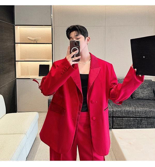 Set: Plain Sing-Breasted Blazer + High Waist Wide Leg Pants Product Image