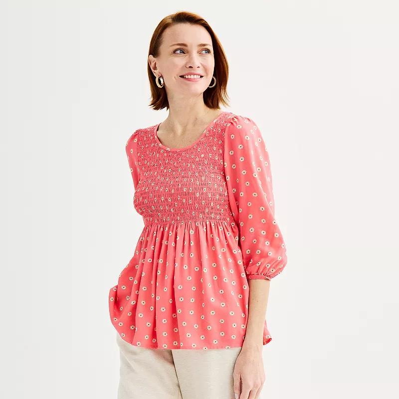 Women's Croft & Barrow® Three-Quarter Sleeve Smocked Blouse, Size: Medium, Blue Scatter Dot Product Image