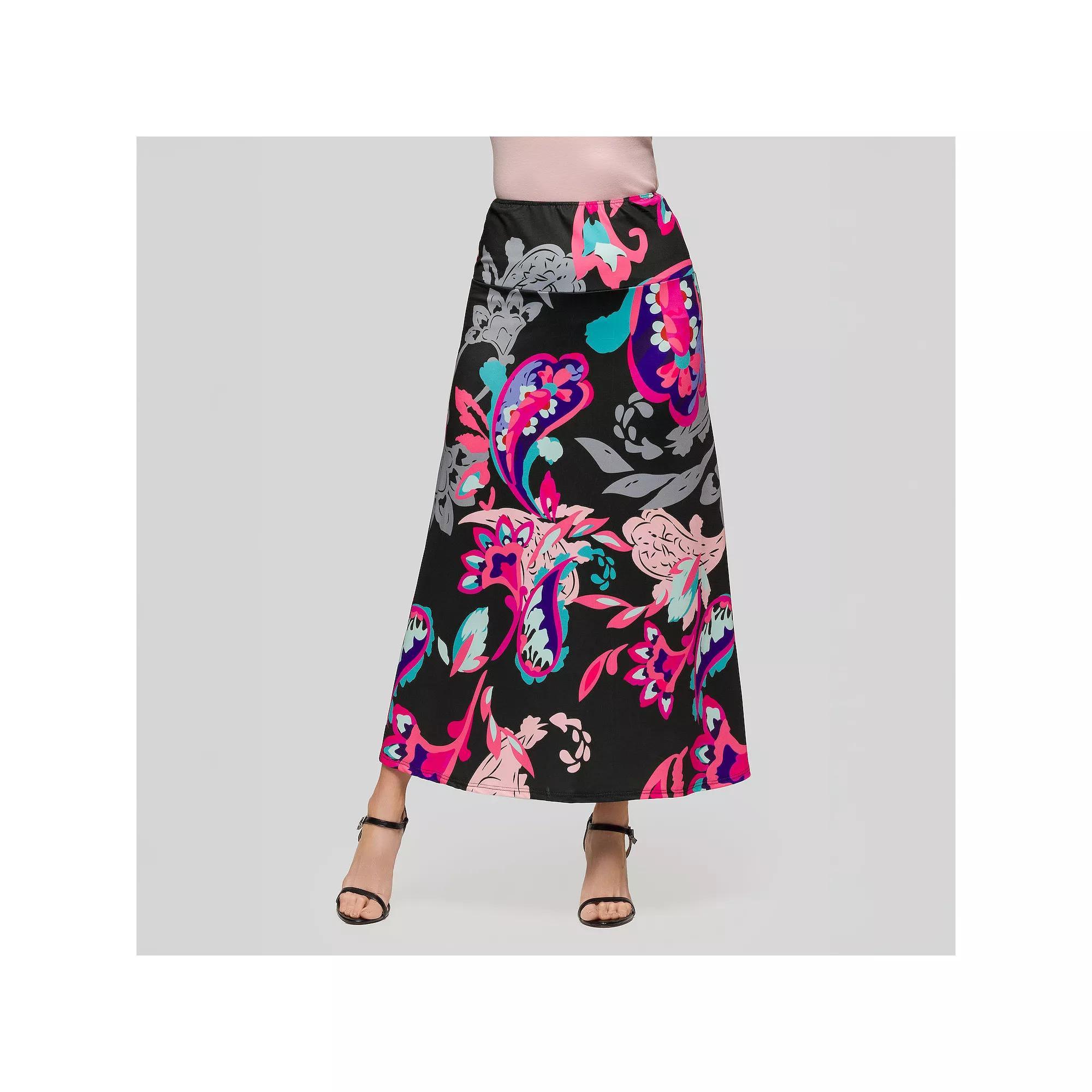 Women's 24Seven Comfort Apparel Print Elastic Waist A-Line Maxi Skirt, Size: Medium, Pink Team Product Image