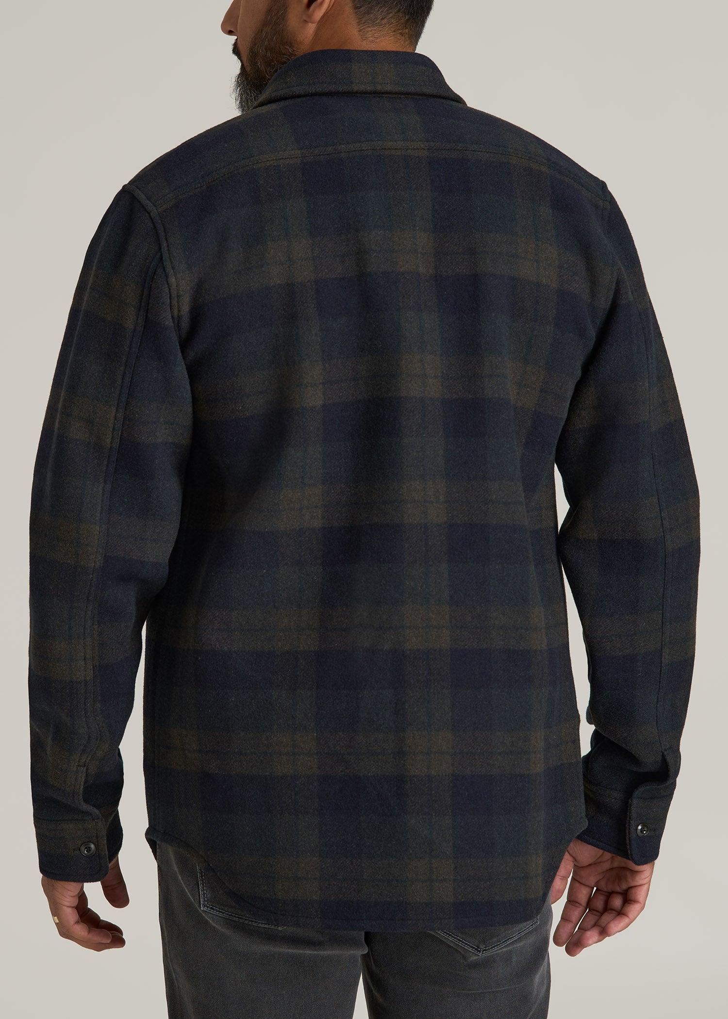 LJ&S Wool Blend Tall Men's Shirt Jacket in Green and Navy Plaid Product Image