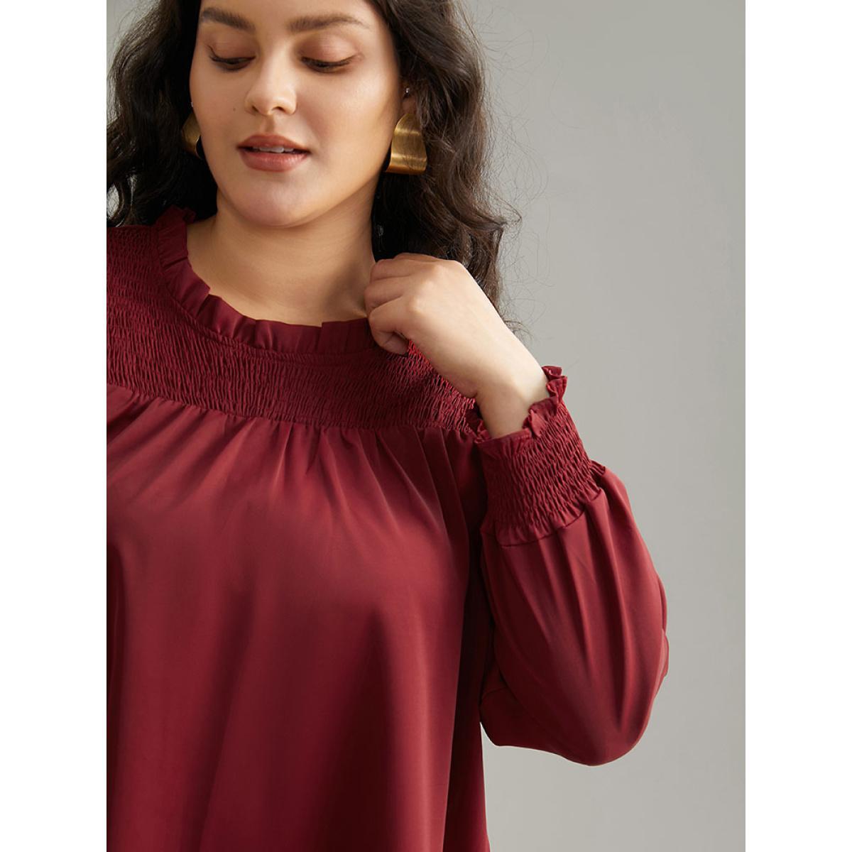 Plus Size Scarlet Static-Free Solid Shirred Frill Trim Blouse Women Office Long Sleeve Round Neck Work Blouses BloomChic 12/L Product Image
