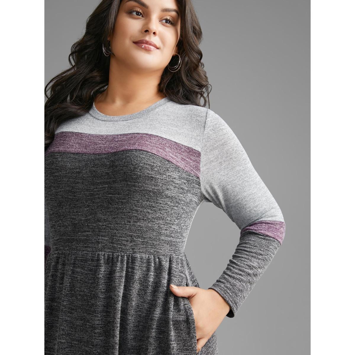 Plus Size Contrast Patchwork Elastic Waist Knit Dress DimGray Women Casual Contrast Knit Dresses Bloomchic 14-16/1X Product Image