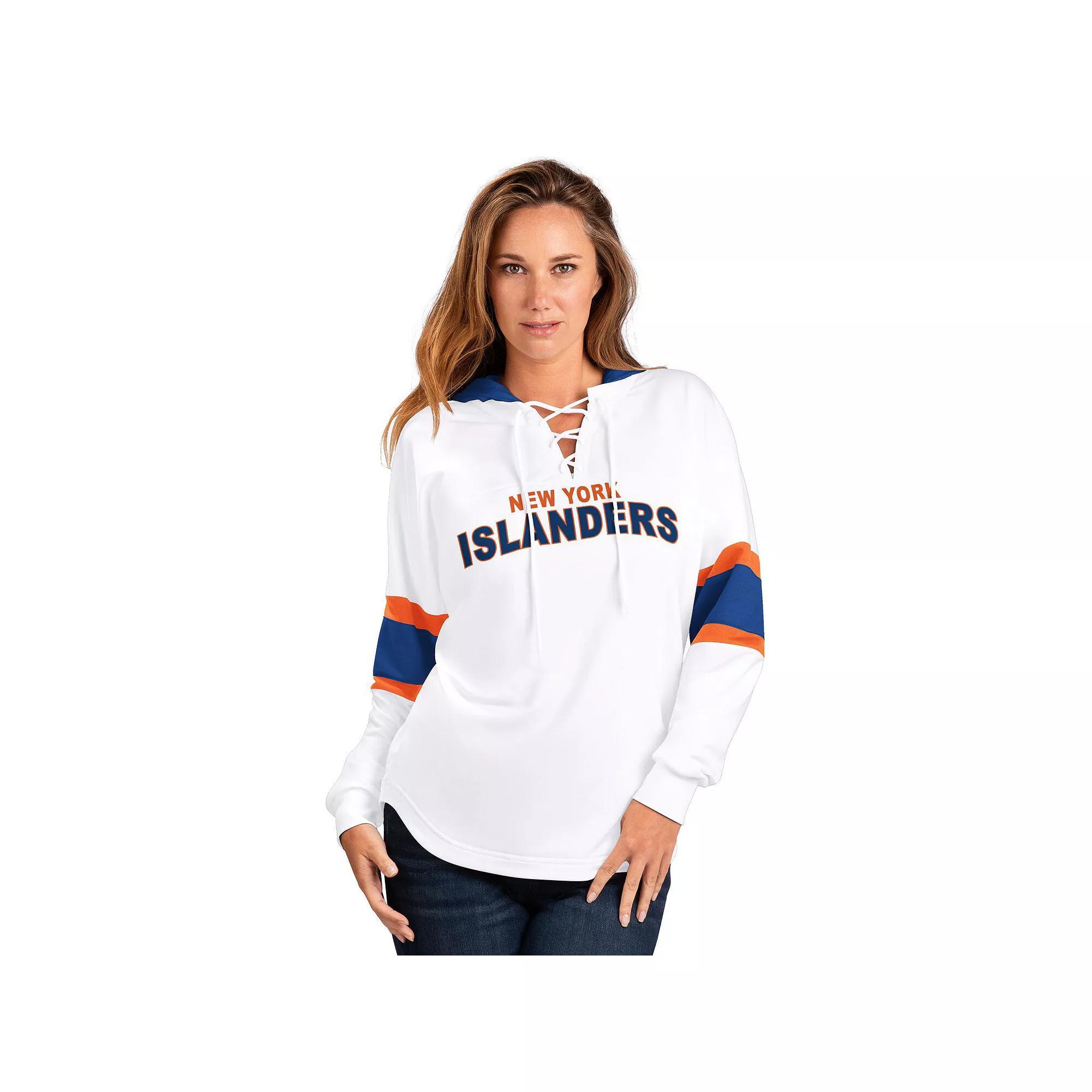 Women's G-III 4Her by Carl Banks  White New York Islanders Goal Zone Long Sleeve Lace-Up Hoodie T-Shirt, Size: XL, Isl White Product Image