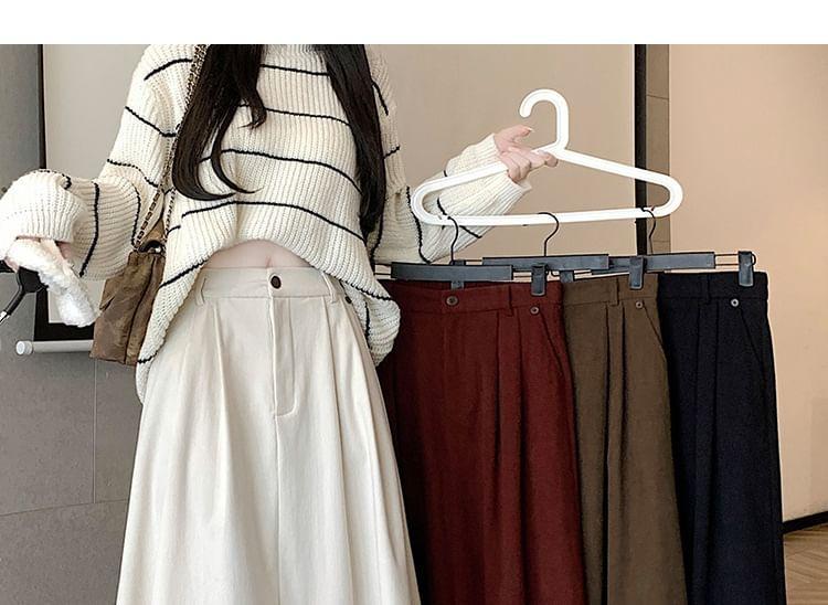 High Waist Plain Pleated Corduroy Midi A-Line Skirt Product Image