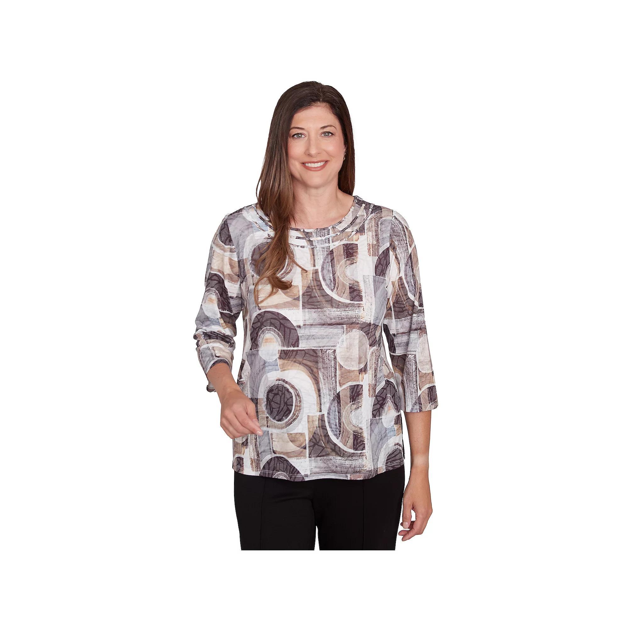 Petite Alfred Dunner Geometric Patch Print Top, Women's, Size: Small Petite, Neutral Team Product Image