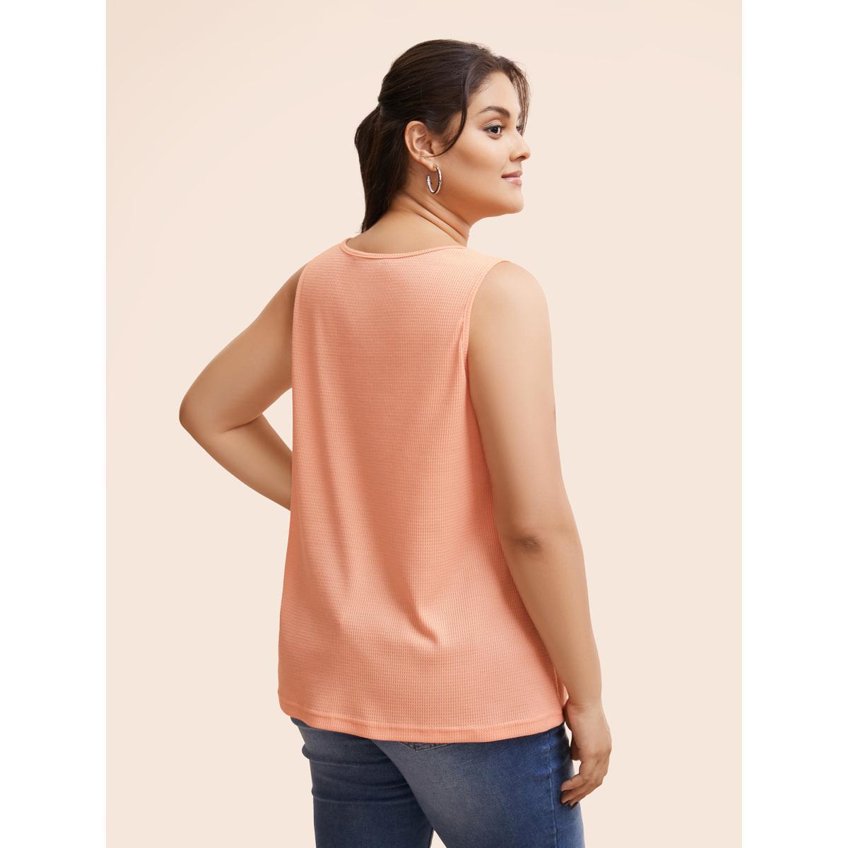 Plus Size Solid Button Detail Waffle Knit Tank Top Women Coral Casual Button Round Neck Everyday Tank Tops Camis BloomChic 26/4X Product Image