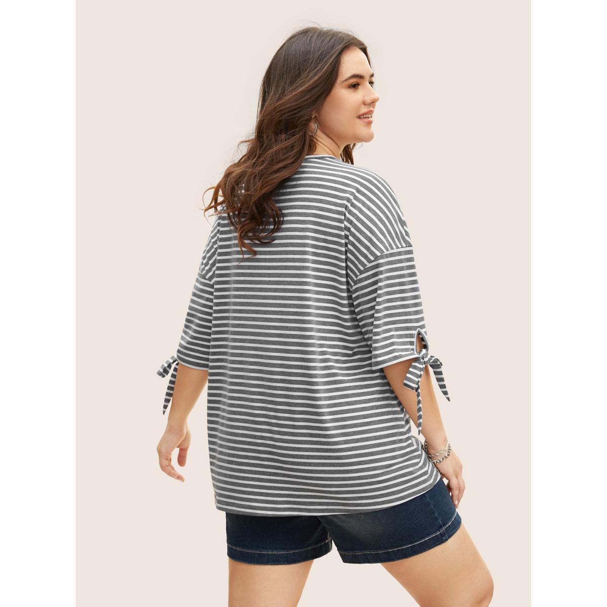 Plus Size Striped Boat Neck Tie Knot T-shirt DimGray Women Casual Tie knot Boat Neck Everyday T-shirts BloomChic 22-24/3X Product Image