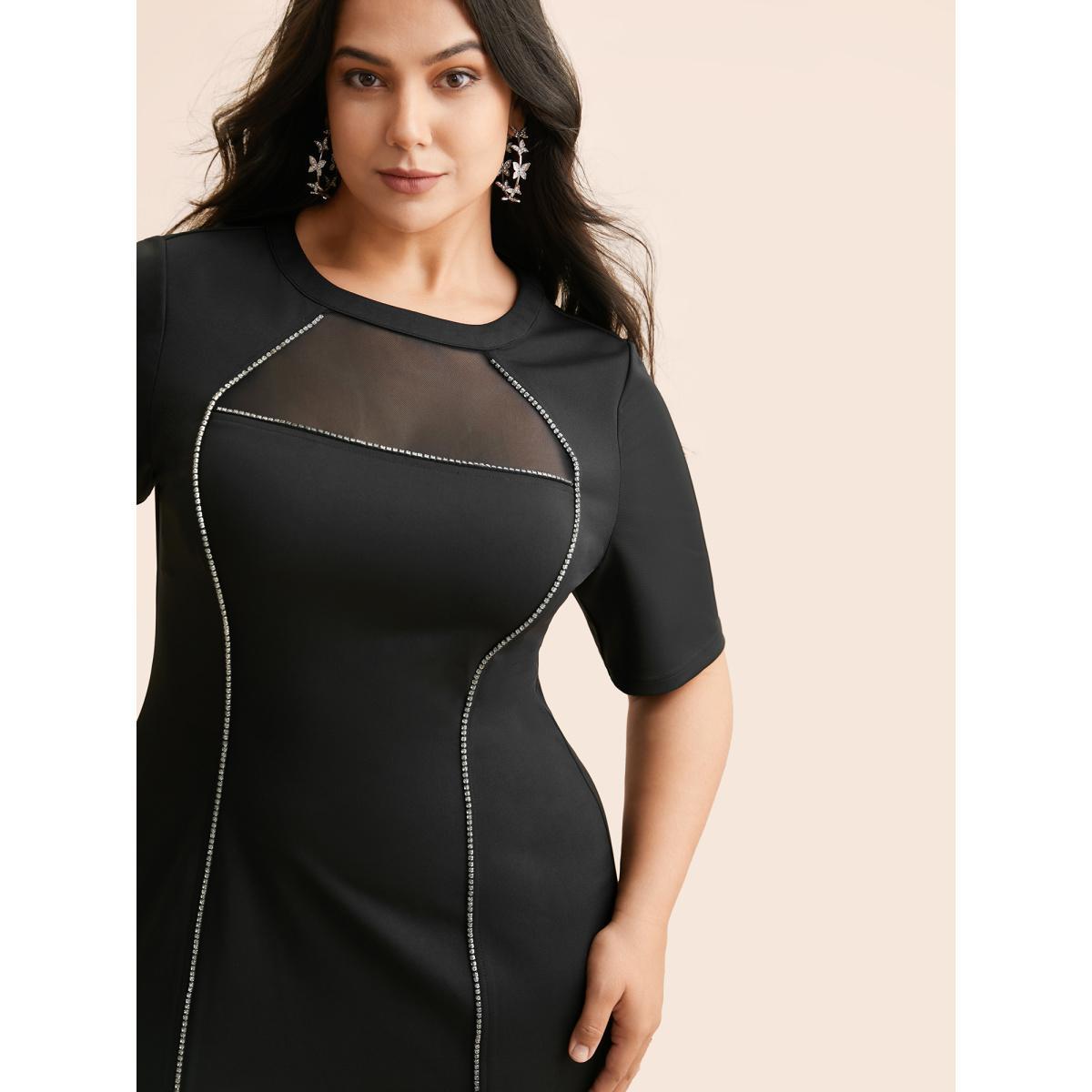 Plus Size Crew Neck Rhinestone Patchwork Mesh Dress Black Women Cocktail Rhinestone detailing Party Curvy Bloomchic 28/5X Product Image