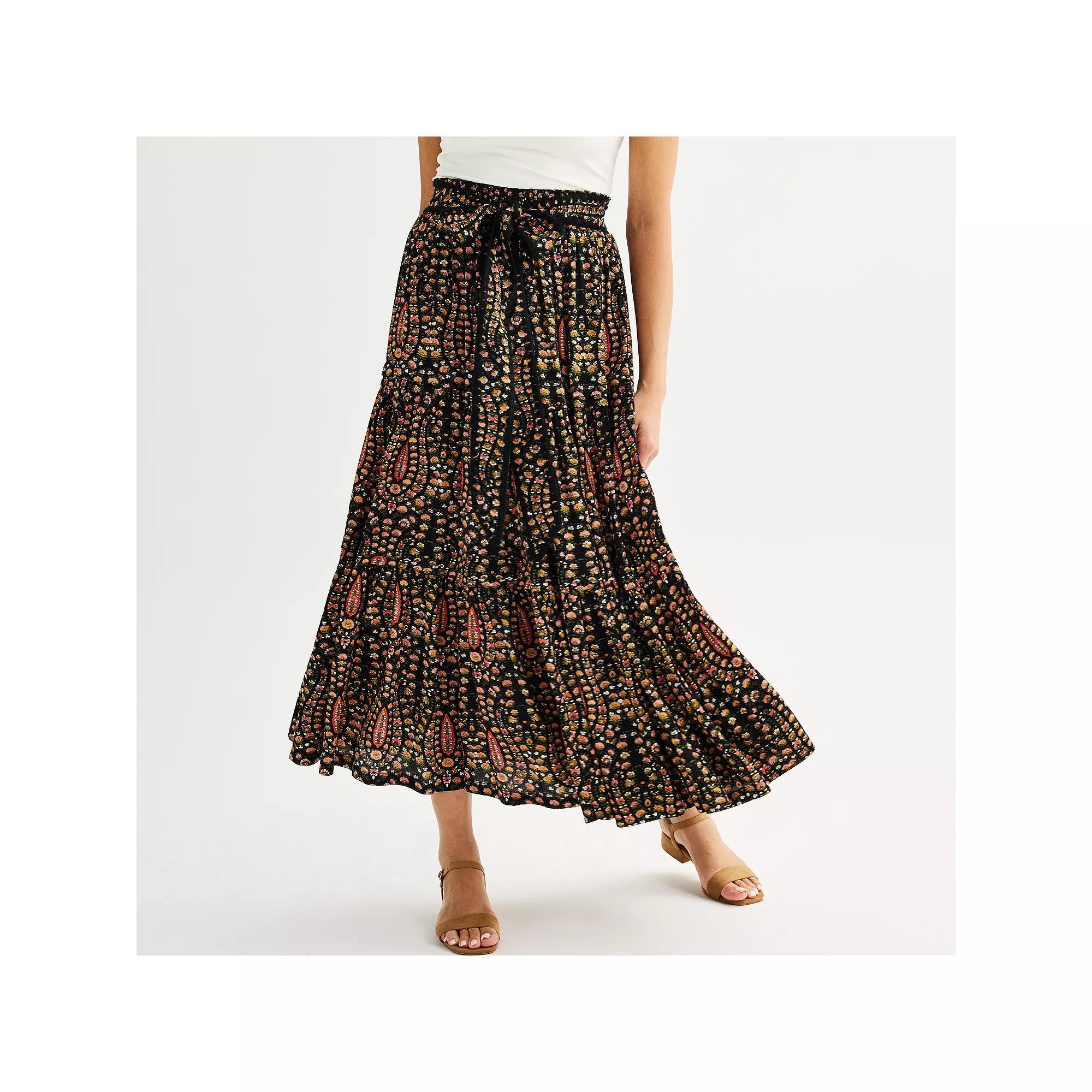 Women's Farmers Market Printed Flare Tiered Maxi Skirt, Size: XL, Garden Carnival Product Image