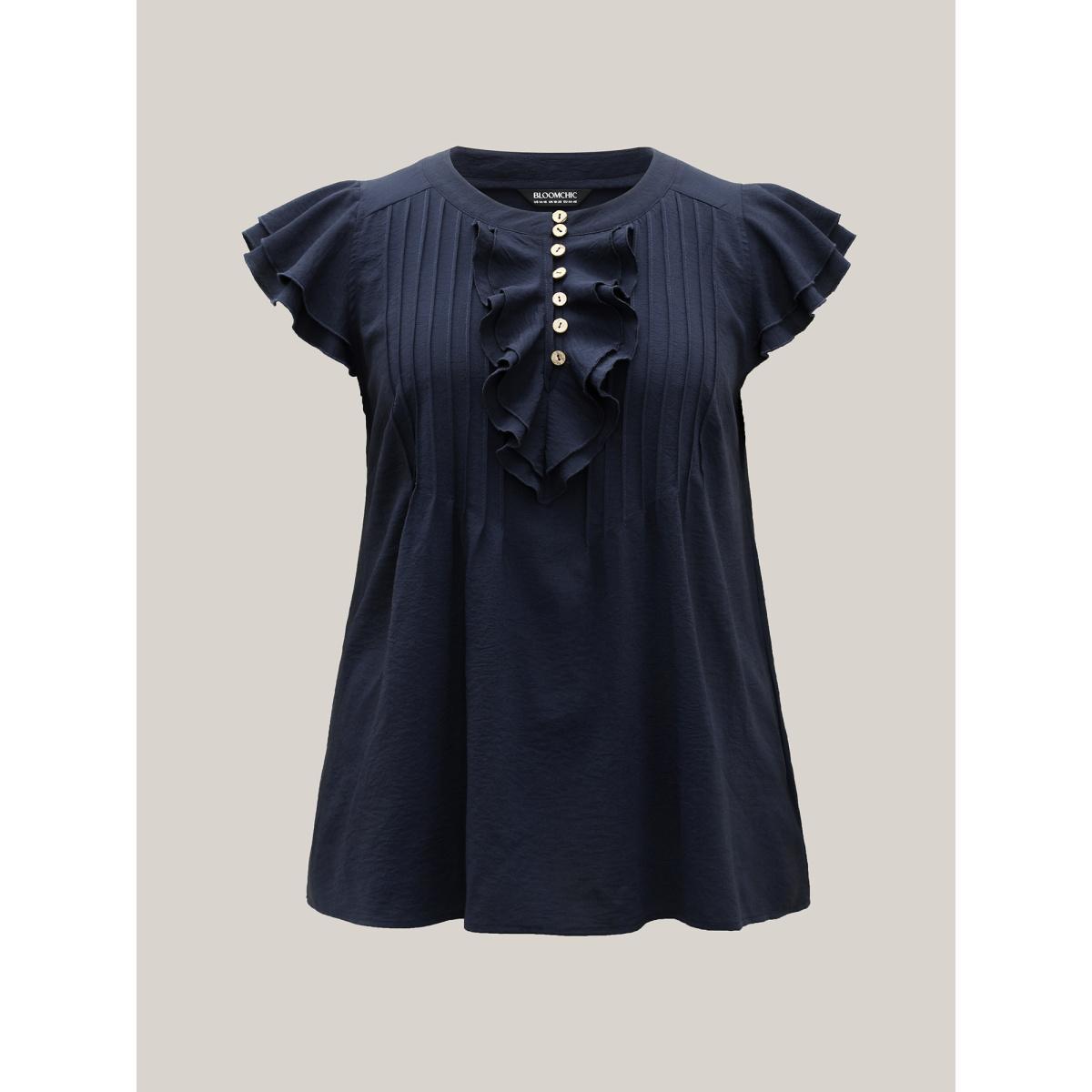 Plus Size Midnight Solid Ruffle Trim Toothpick Pleat Blouse Women Cap Sleeve Round Neck Vacation Blouses BloomChic 12/L Product Image