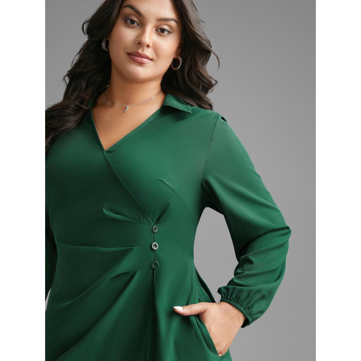 Plus Size Shirt Collar Pleated Button Detail Dress ArmyGreen Women At the Office Pleated Shirt collar Long Sleeve Curvy BloomChic 28/5X Product Image
