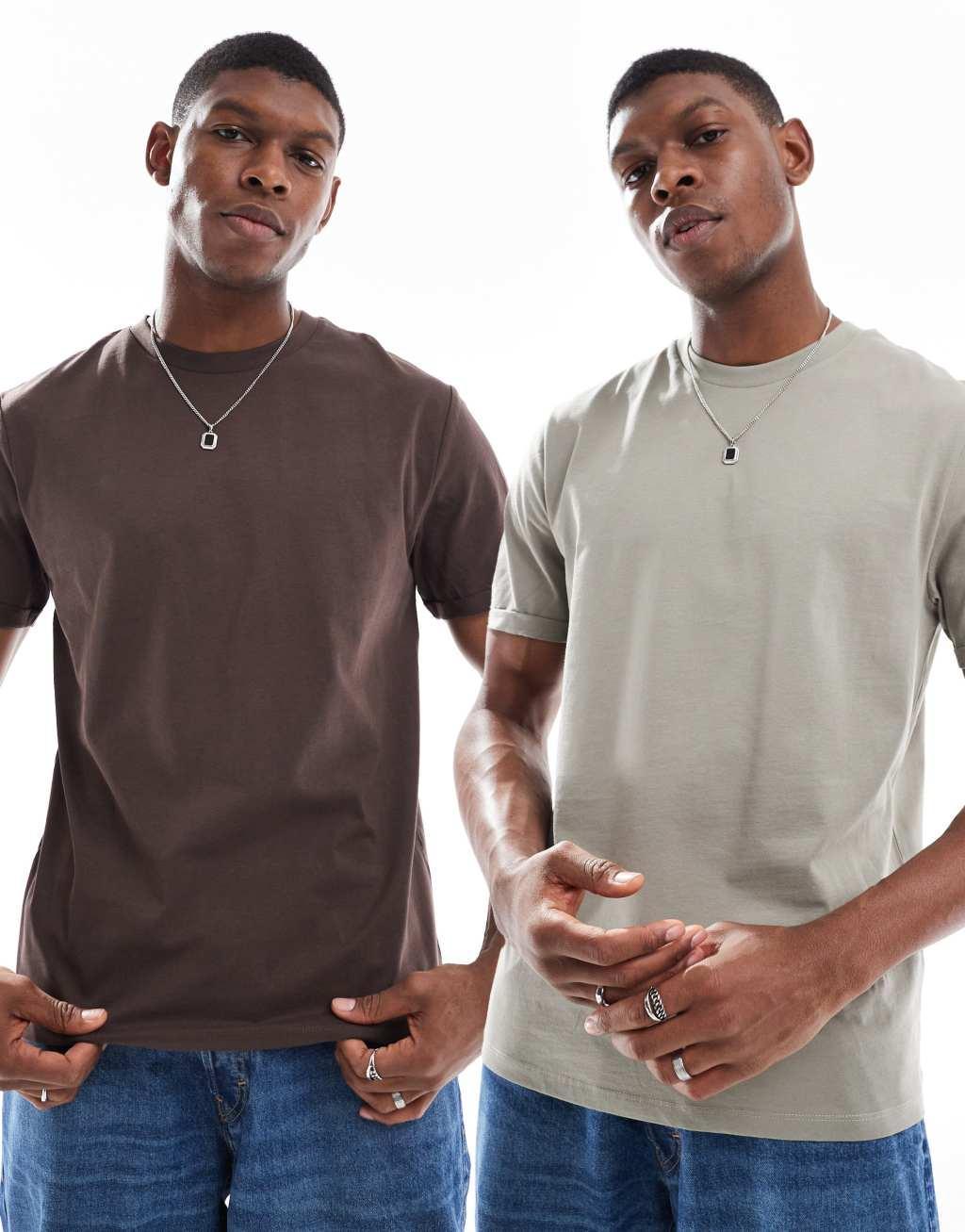 ASOS DESIGN essential 2 pack crew neck t-shirts with cuffed sleeves in stone and brown Product Image